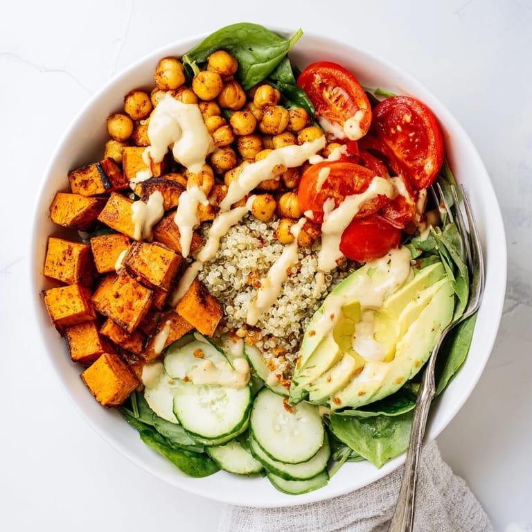 Vibrant Sweet Potato & Chickpea Buddha Bowl filled with quinoa, roasted veggies, and avocado.