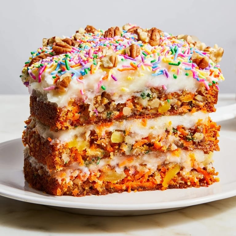 This close-up shows the delicious texture of the Silly Carrot Cake, frosted with chaotic, colorful sprinkles.