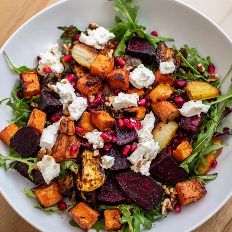 Freshly made seasonal root vegetable & goat cheese salad with a drizzle of zesty vinaigrette, ready to serve.
