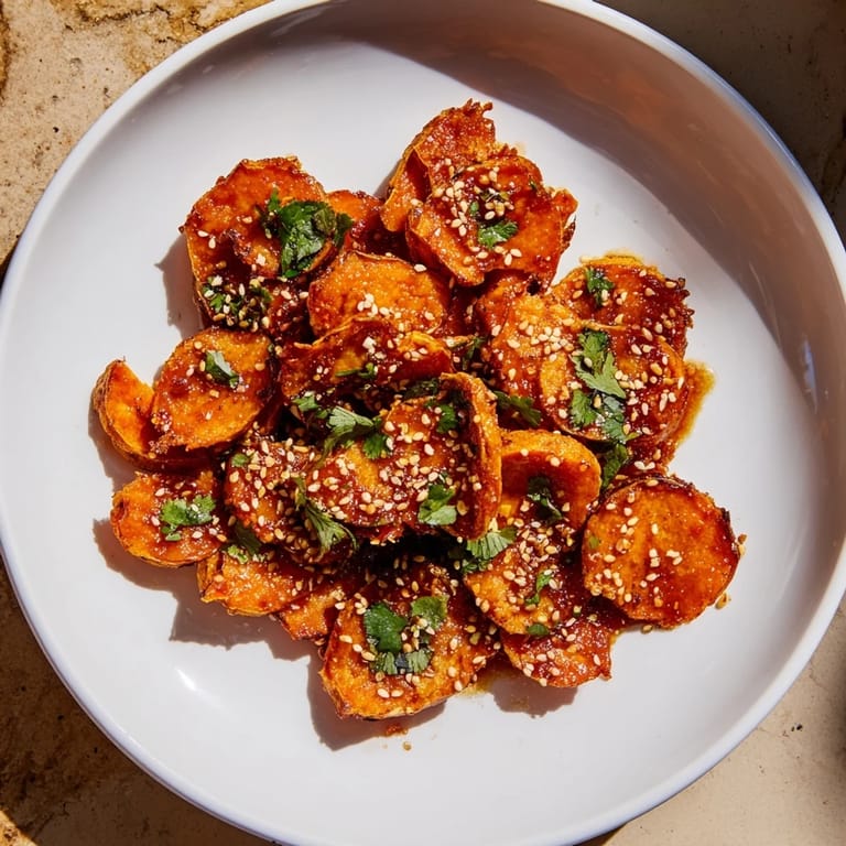Close-up of crispy, glazed Smashed Sweet Potatoes, the vibrant gochujang butter adds a spicy tang.