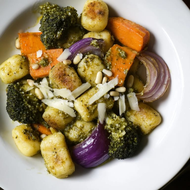 Vibrant photo of baked sheet pan pesto gnocchi, tossed with Parmesan and pine nuts, ready to eat.