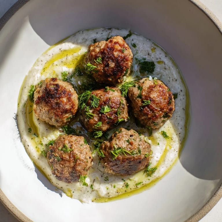 Forkful of juicy Garlic Herb Lamb Meatballs, coated in zaatar yogurt, with herbs and lemon.