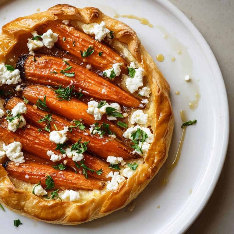 A beautiful close-up of the finished Maple Miso Carrot Tart, garnished with fresh parsley.