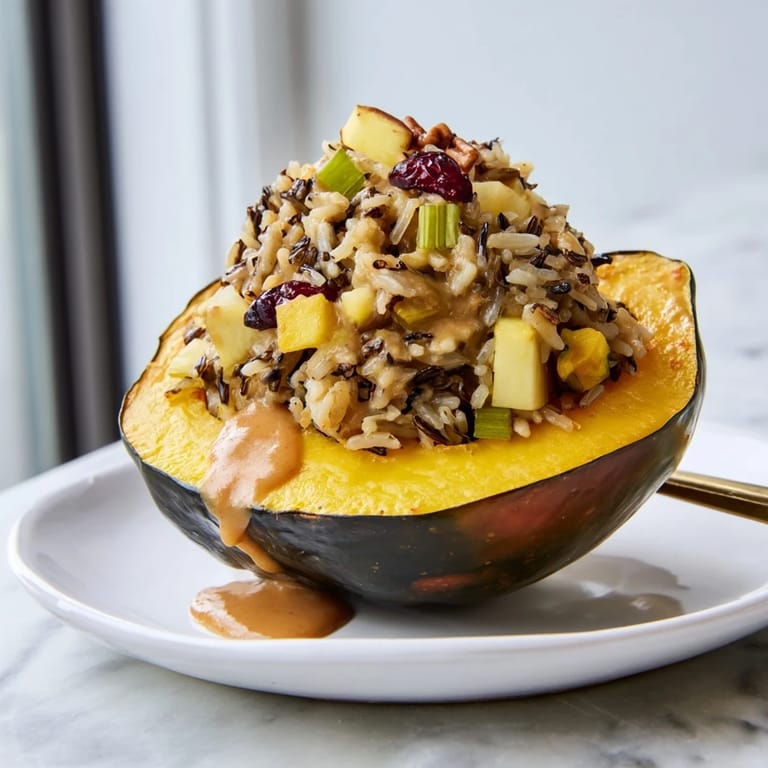 Perfectly plated stuffed acorn squash, featuring wild rice stuffing and a glossy maple sriracha glaze.