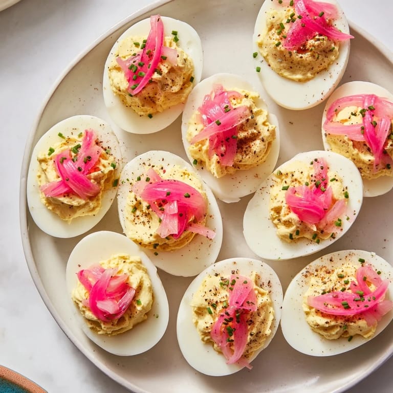 Beautiful, vibrant display of everything-spiced deviled eggs, garnished with chives and pickled shallots for an American classic.