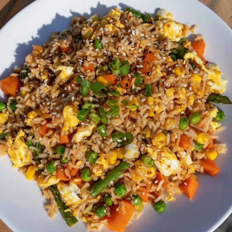 A close-up view of golden-brown Frozen Veggie Fried Rice with scattered green onions and sesame seeds; a satisfying vegetarian dish.