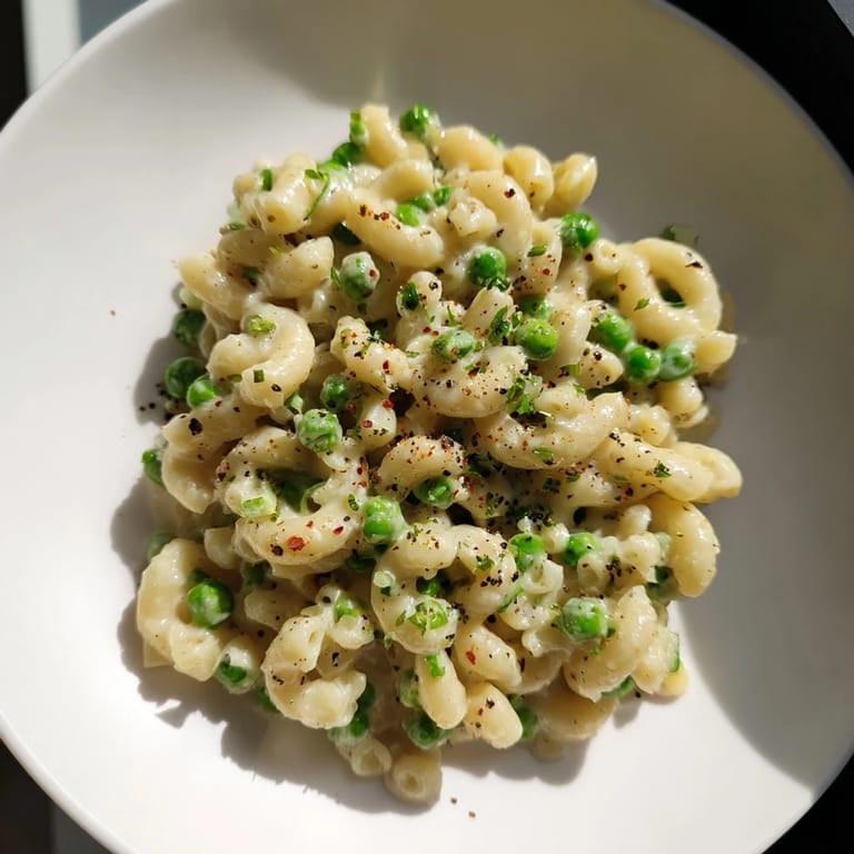 Close-up of golden macaroni and peas with fresh herbs, a simple weeknight classic.