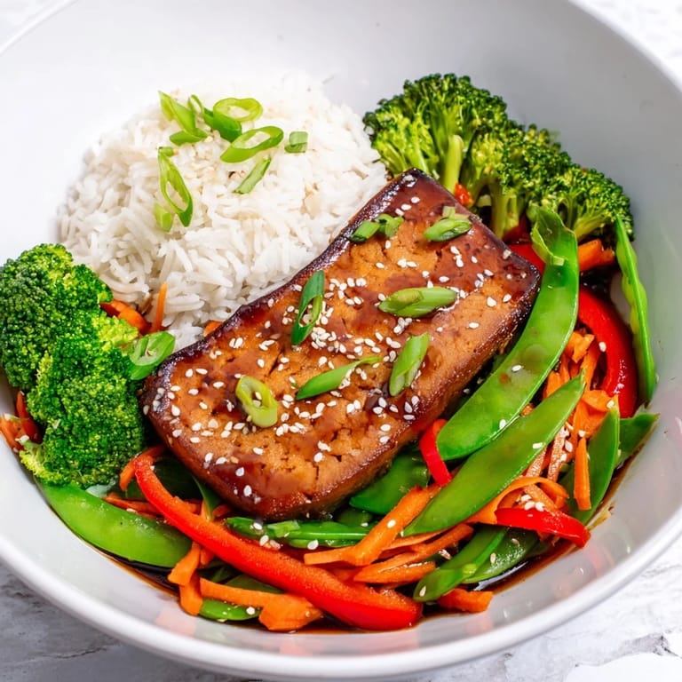 Crispy pressed tofu steaks, served with a flavorful side of stir-fried vegetables and rice.