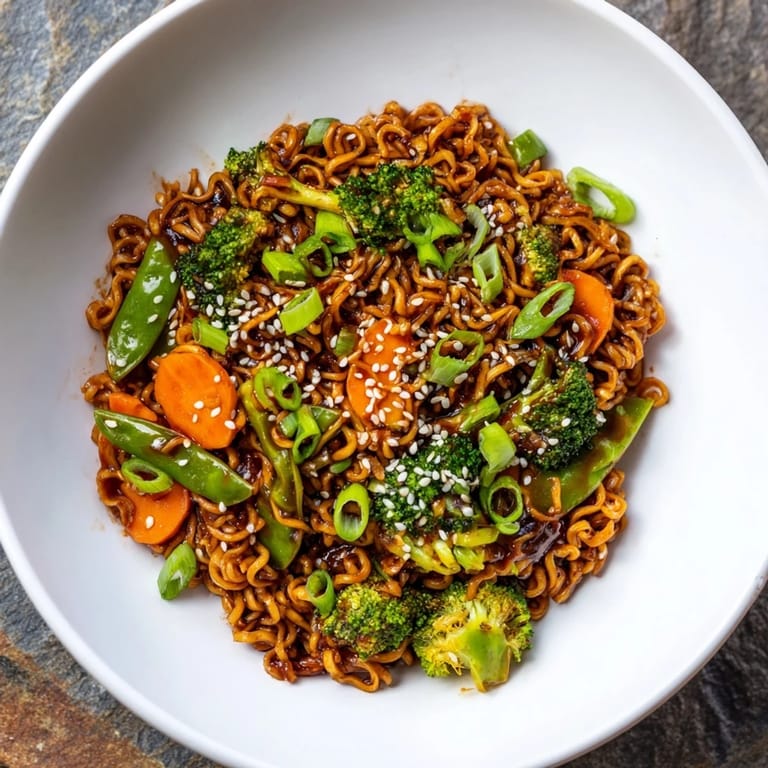 Savory and flavorful Ramen Noodle Stir-Fry Remix sizzling in a wok, garnished with sesame seeds and green onions.