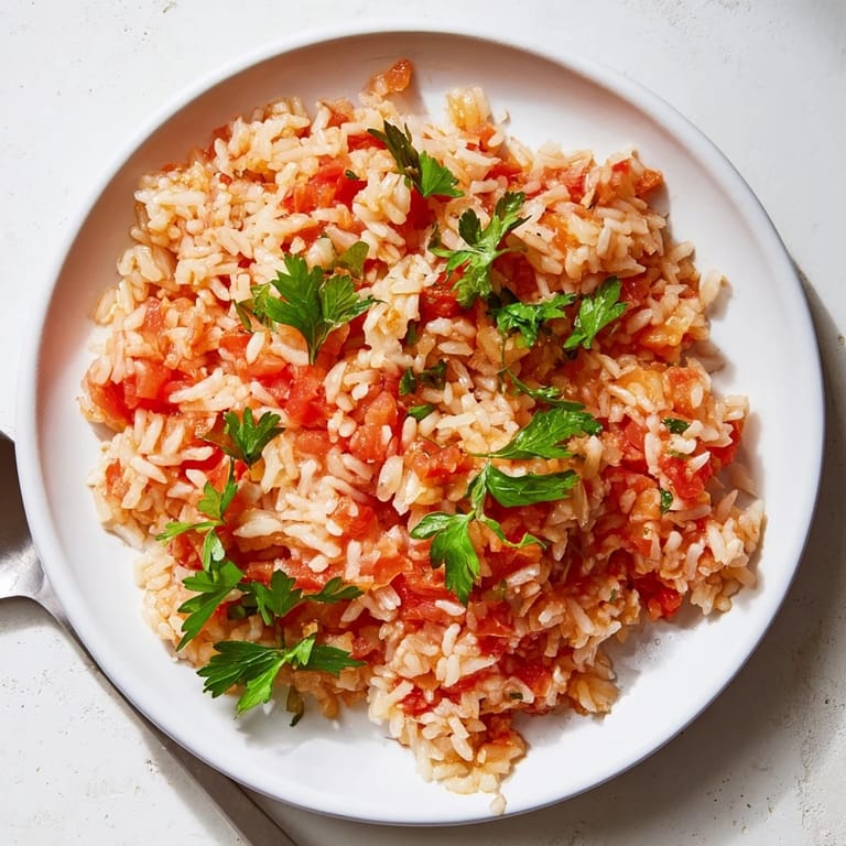 Golden-hued tomato-rice skillet dinner, a simple vegetarian meal bubbling in a skillet.