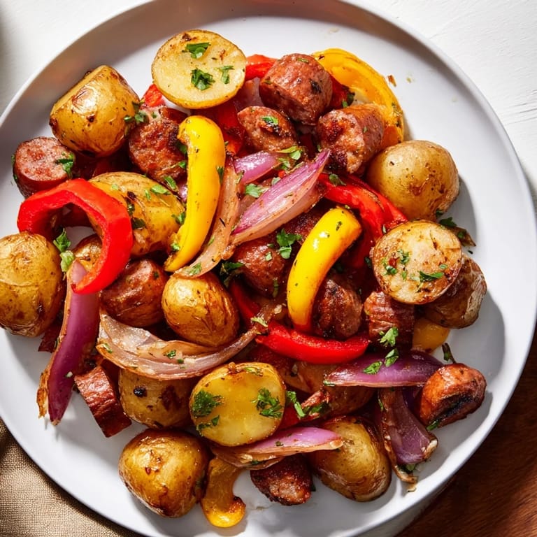 Golden potatoes and colorful bell peppers mingling with juicy Sheet-Pan Sausage on a sheet.