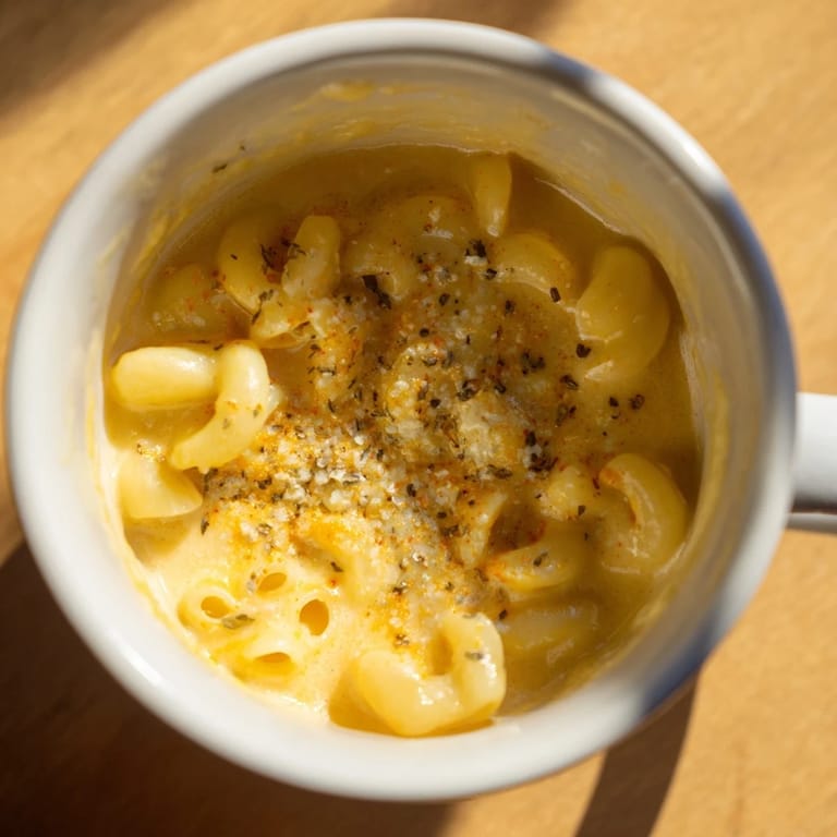 Cheesy, bubbly mug mac & cheese sprinkled with paprika, perfect for a quick lunch or dinner.