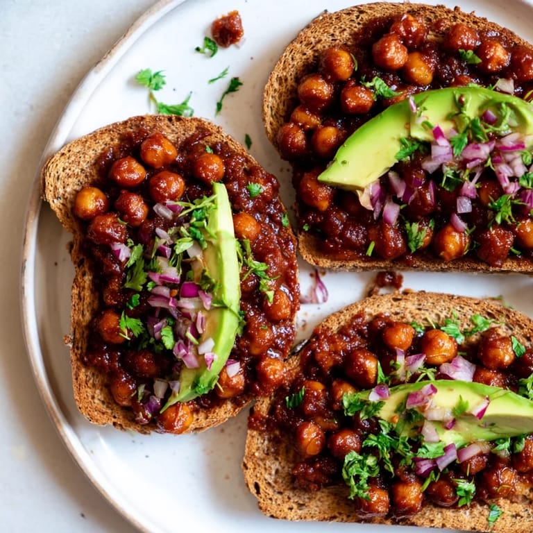 A close-up of delicious BBQ Chickpeas on Toast with a rich, glistening sauce, ready to eat.