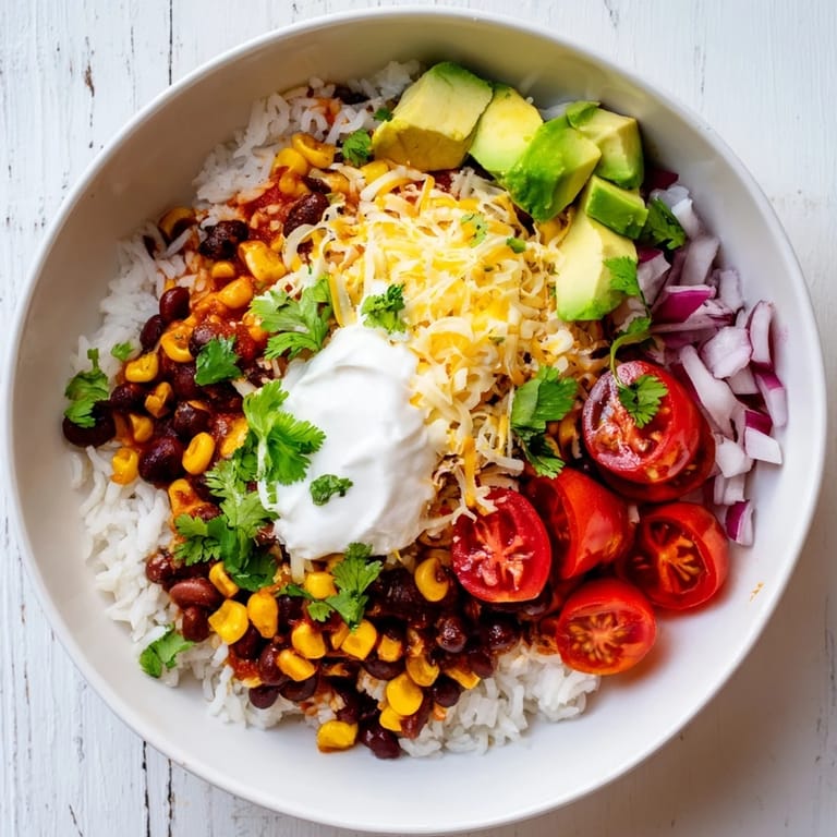 A delicious vegetarian Rice, Bean, and Corn Burrito Bowl with vibrant corn, beans, and creamy avocado ready to enjoy.