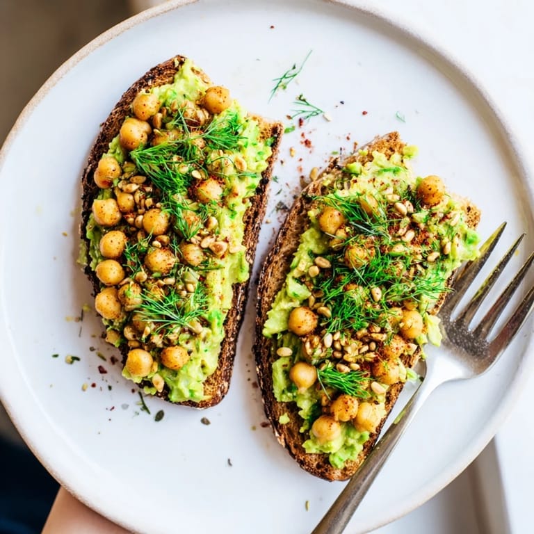 Close-up of a rustic avocado toast with chickpeas, herbs, and seeds; a satisfying vegetarian treat.