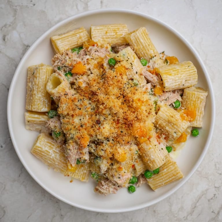 Cheesy Tuna Pasta Bake with a crispy breadcrumb topping, perfect for a cozy weeknight meal.