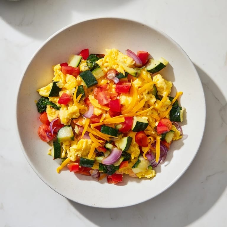This colorful Egg & Veggie Sheet Pan Scramble features roasted bell peppers, tomatoes, and tender eggs.