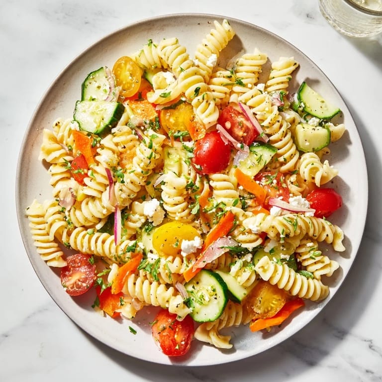 Delicious Pasta Salad with Seasonal Veggies, a light and refreshing vegetarian meal, ready to serve immediately.