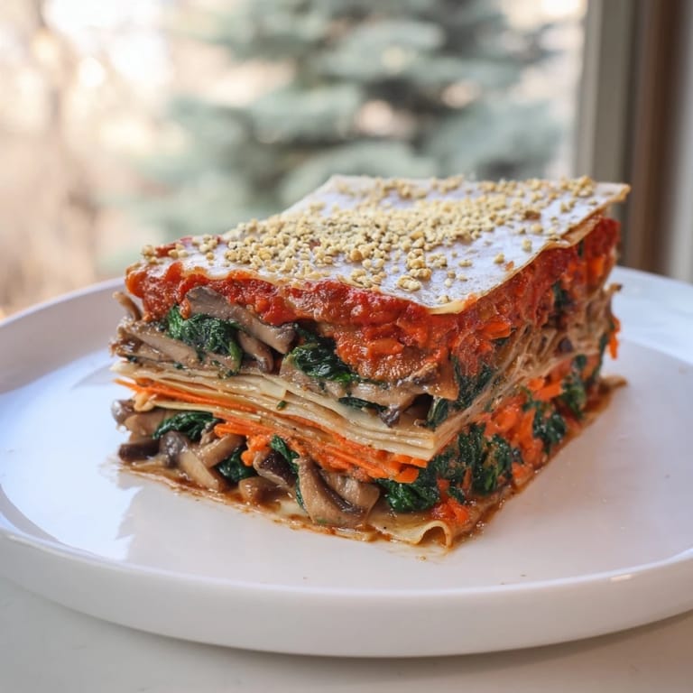 Hearty and delicious vegan mushroom spinach lasagna, a comforting Italian-inspired dinner meal.