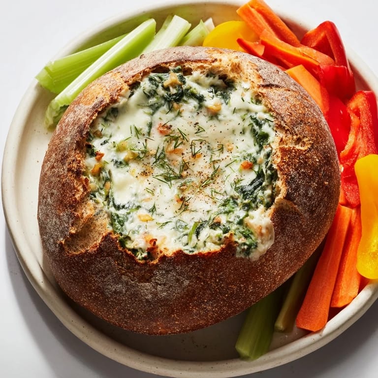Delicious, baked Best-Ever Spinach Dip, surrounded by fresh veggies and bread for dipping.