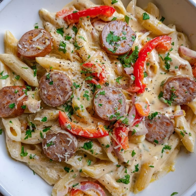 One-pot Cajun Spiced Smoked Sausage Alfredo, a flavorful dinner steaming in a large skillet, ready to be enjoyed.