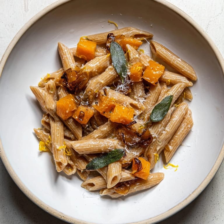 Creamy brown butter pasta featuring roasted butternut squash and crispy sage leaves: perfect for dinner.