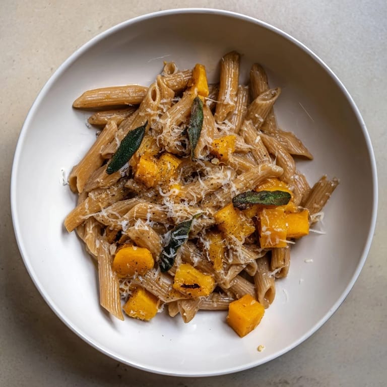 Rustic close-up of brown butter pasta with butternut squash, showcasing the savory sage leaves.