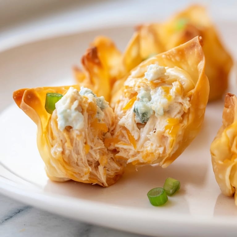 Spicy Buffalo Chicken Dip Pinwheel Wontons, showing a close-up of the flavorful, cheesy filling.