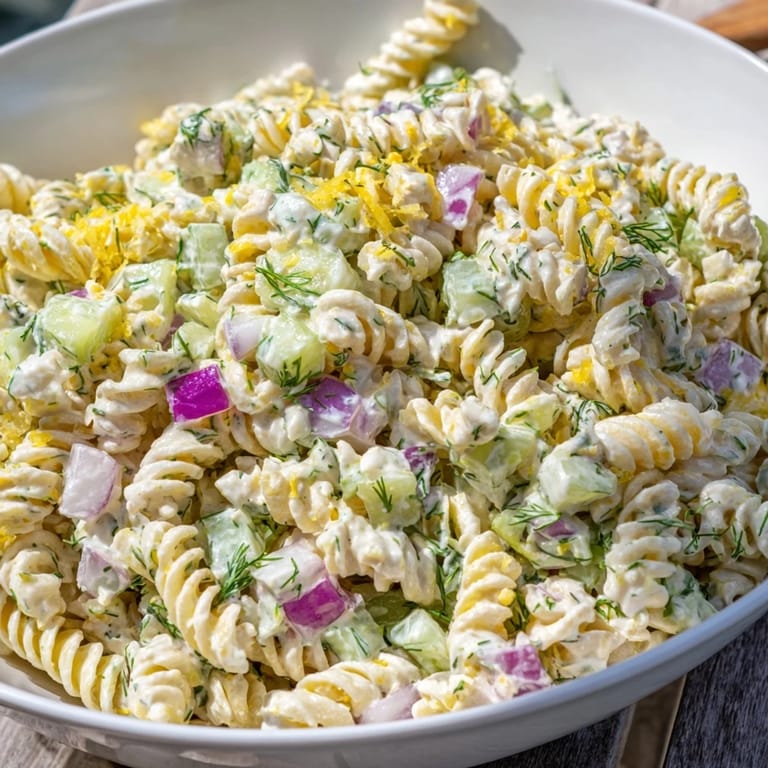 Chilled Dill Pickle Pasta Salad in a bowl, perfect for a summer picnic or simple weeknight meal.