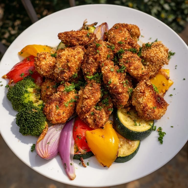 Close-up of crispy Garlic Parmesan Chicken Bites, ready to enjoy with a fresh sprinkle of Parmesan cheese.
