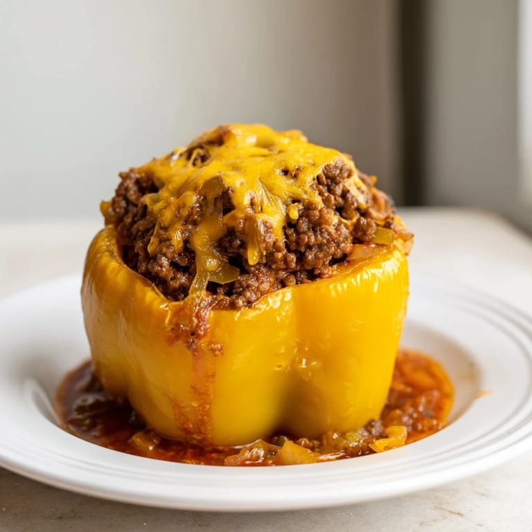 A flavorful photo of Sloppy Joe Stuffed Bell Peppers: tender peppers filled with savory ground beef.