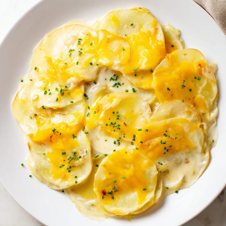 Bubbling hot Cheesy Scalloped Potatoes, creamy and cheesy; ready to serve alongside a roast.