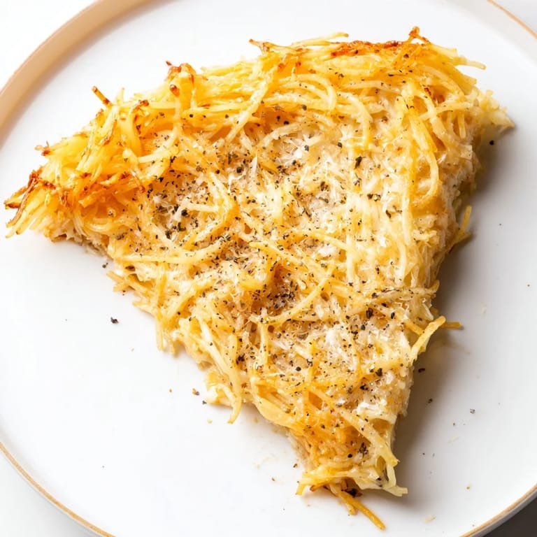 A slice of crispy, cheesy Cacio e Pepe Pasta Pie with a generous sprinkle of extra pepper.