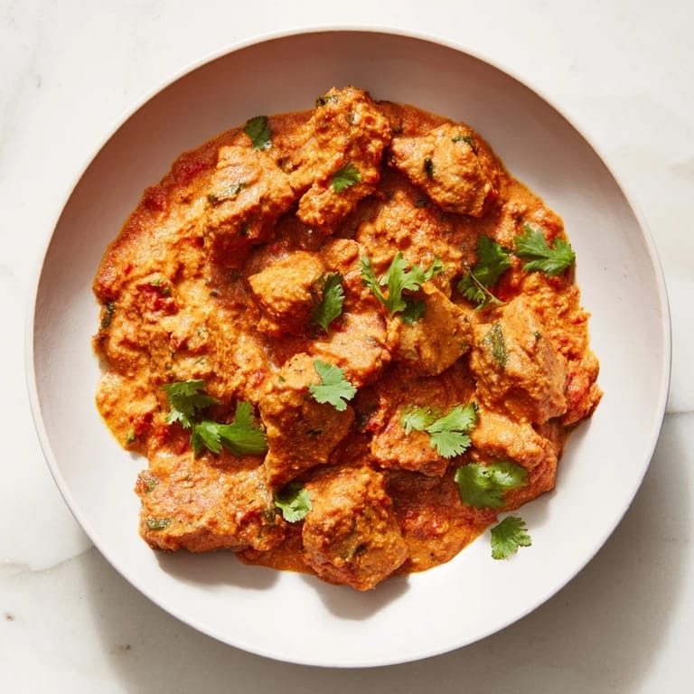 Close-up shot shows tender chicken pieces in a luscious Instant Pot Chicken Tikka Masala, flavorful and spicy.