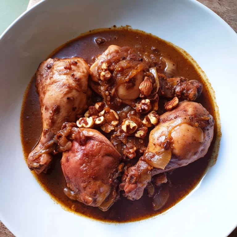 A heartwarming bowl of Budget Fesenjan Stew showing flavorful chicken and a thick walnut sauce, delicious!