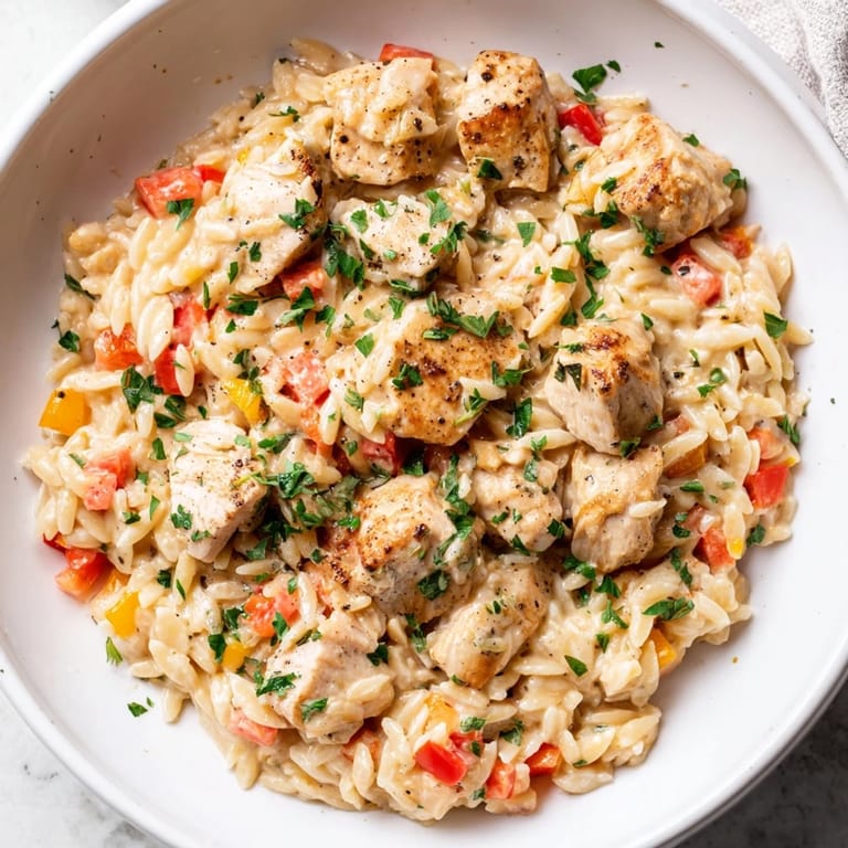 Imagine a vibrant photo of One-Pot Cajun Chicken Alfredo Orzo, topped with fresh parsley and Parmesan.