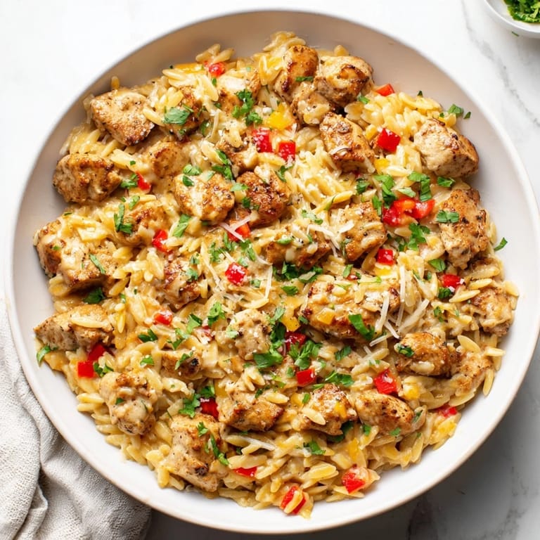 This comforting bowl of One-Pot Cajun Chicken Alfredo Orzo features succulent chicken and a rich Alfredo sauce.