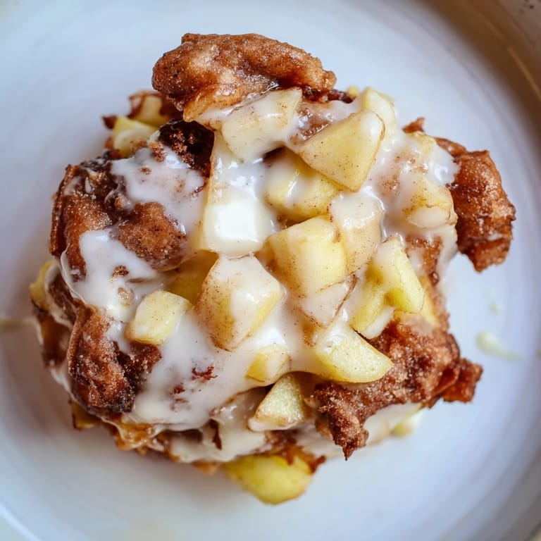 Freshly fried apple fritters, featuring tender apple chunks, ready to be drizzled with sugary glaze.
