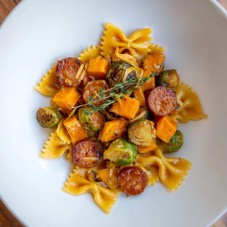 This satisfying Autumn Sausage Pasta dish features tender bow tie pasta with crispy Brussels sprouts and savory sausage.