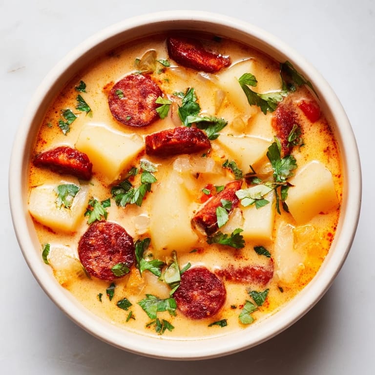 Golden, flavorful Creamy Chorizo Potato Soup, perfect for a warming, cozy weeknight dinner.