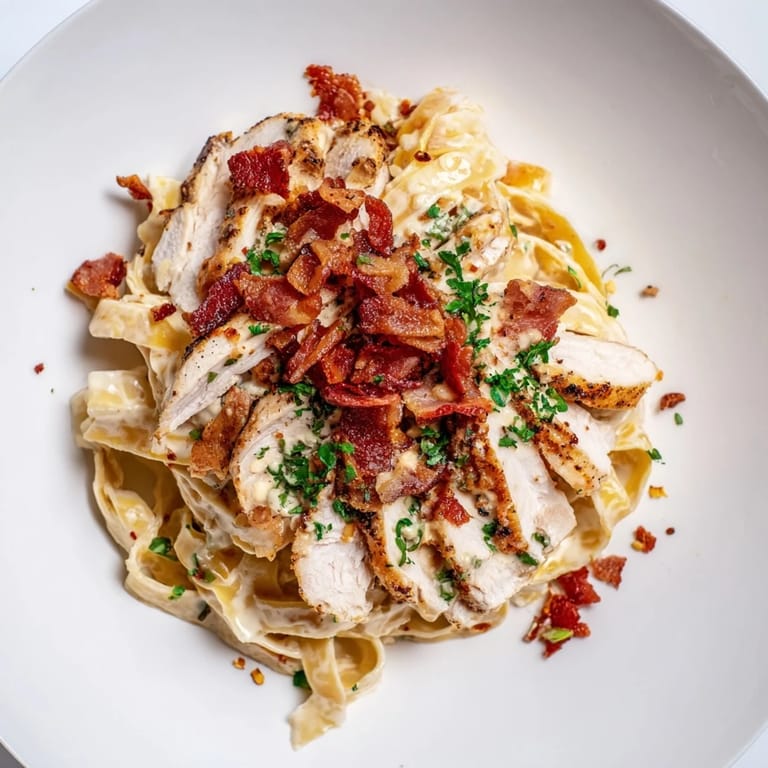 A close-up of Southern Style Creamy Parmesan Chicken Pasta with fresh herbs and crumbled bacon is a beautiful sight.