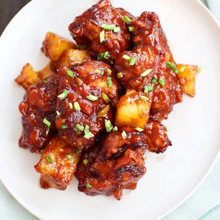 Close-up of baked Brown Sugar Pineapple Chicken, showcasing the sticky, sweet glaze and juicy chicken chunks.