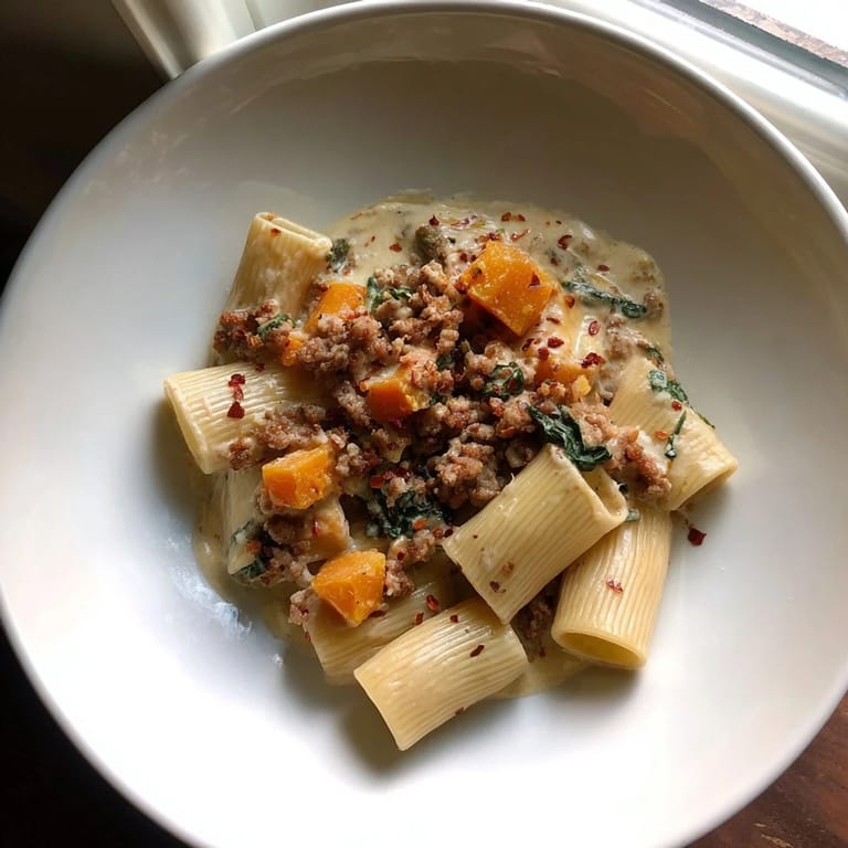Enjoy a forkful of Creamy Rigatoni with Butternut Squash, a comforting Italian meal with fresh Swiss chard.