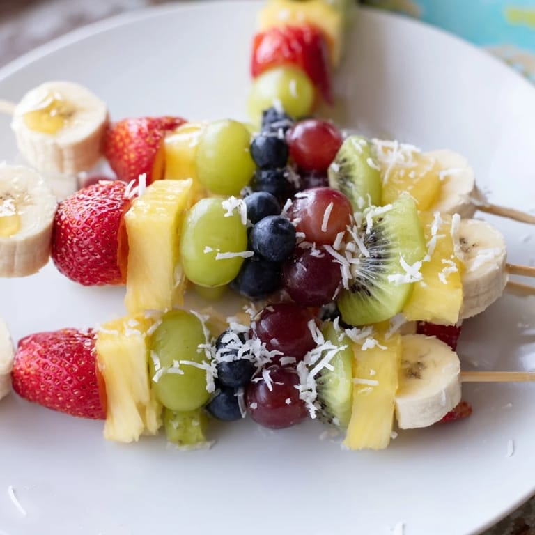 Close-up of easy festive fruit kabobs, boasting fresh, vibrant colors, ready to be enjoyed.