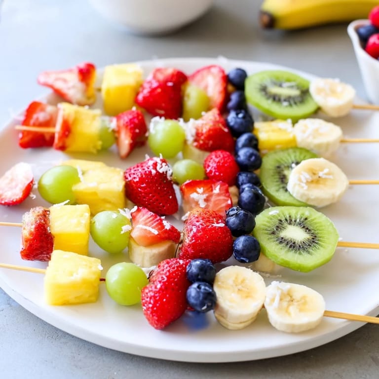 Freshly assembled Easy Festive Fruit Kabobs showcasing red, green, and golden fruits ready to enjoy.
