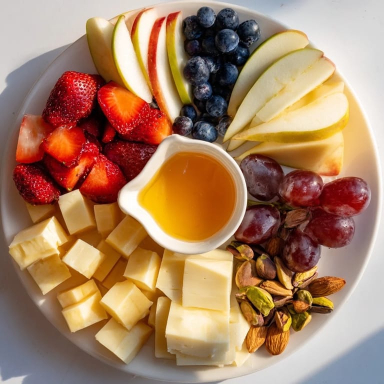 A beautifully arranged Bears Honey Pot Board, ready for dipping fruits and crackers into golden honey.