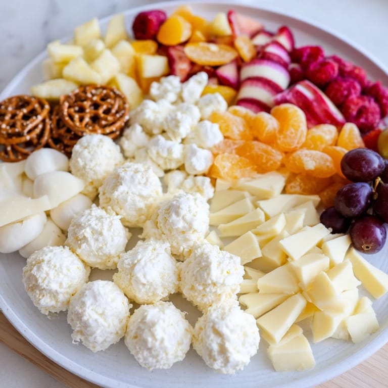 This vibrant Cloud & Rainbow Grazing Board features a rainbow of fresh fruits and creamy cheeses for guests.