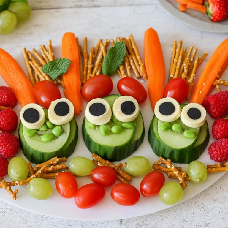 Fun Frog Pond Snack Tray: Kid-friendly arrangement of cucumber and grape "ponds" with frog-shaped snacks.