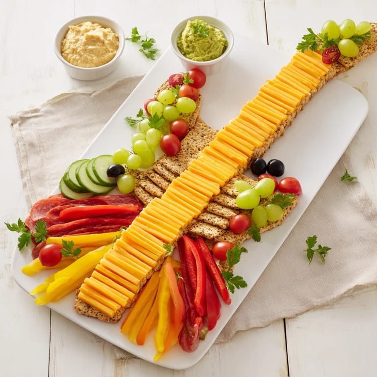 Delicious Rock Star Guitar Snack Platter, featuring salami, crackers, and colorful vegetable "guitar strings."