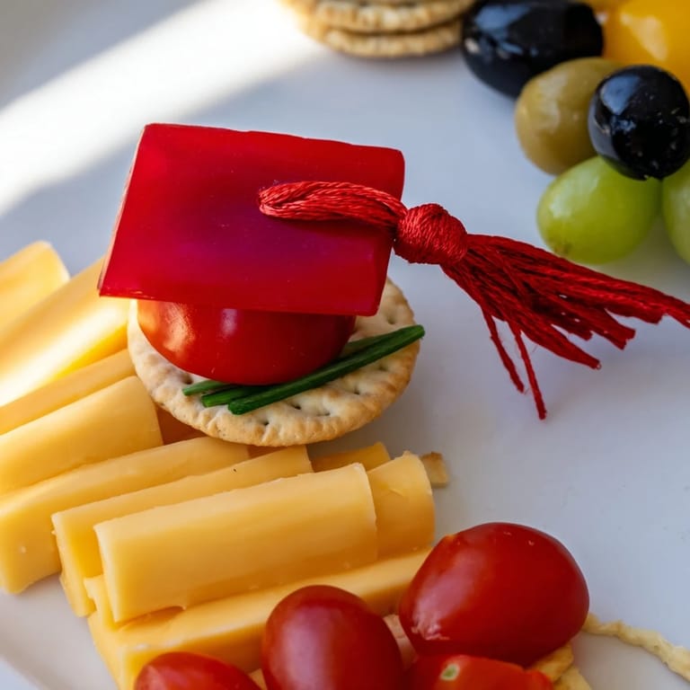 This colorful Graduation Cap Platter features a creamy cheese base, ready to enjoy with crackers and dips.